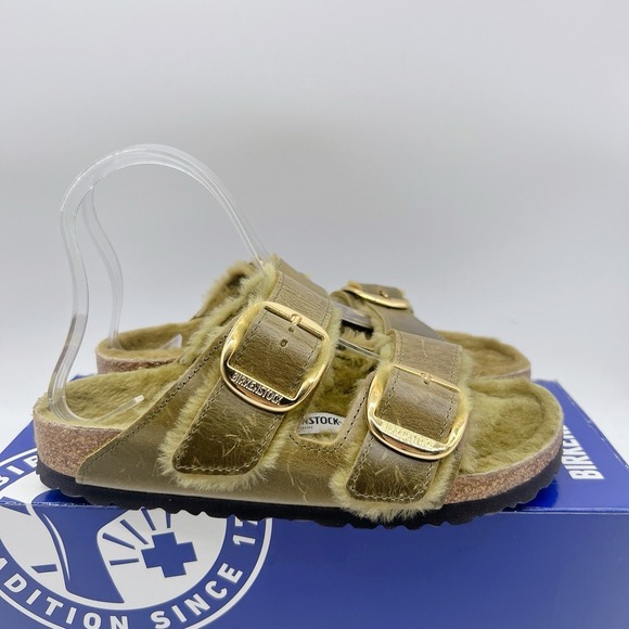 Birkenstock Arizona Big Buckle Shearling Olive Green Sandals Oil Leather EU 37 - Picture 6 of 13